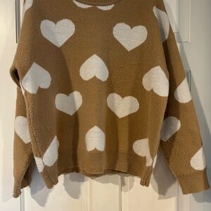 Timing Tan and White Heart Crew Neck Sweater